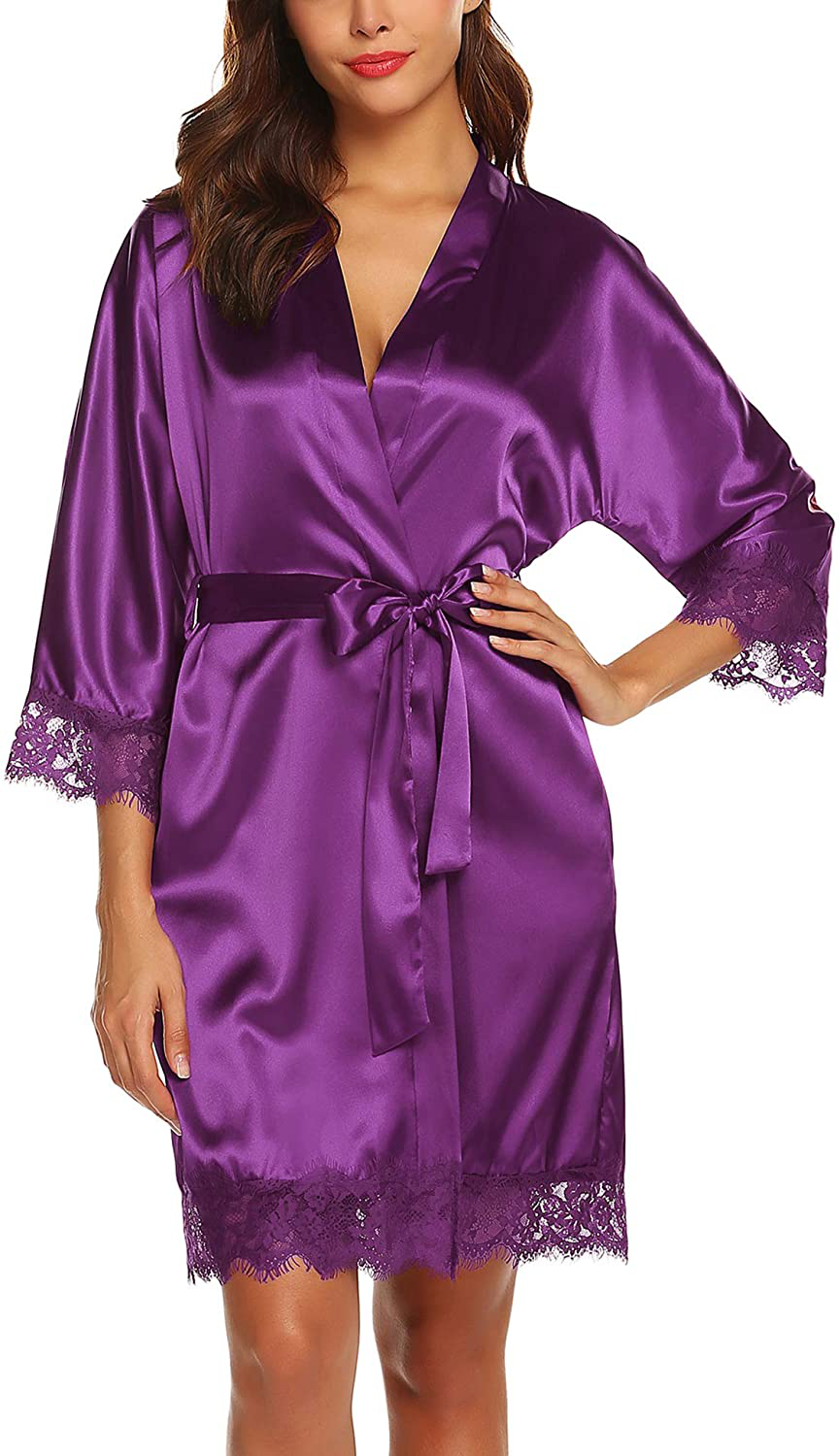 URRU Women'S Satin Silk Bathrobe Oblique V-Neck Short Kimono Robe Bridesmaids Robe S-XXXL Apparel & Accessories > Clothing > Sleepwear & Loungewear > Robes KYLIE MAX   