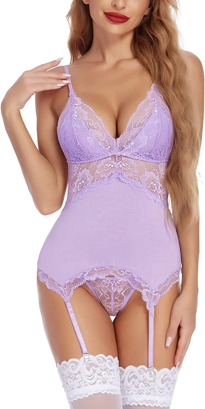 Avidlove Women Chemise Lingerie Set with Garter Belts Lace Babydoll Teddy Nightwear Outfit Apparel & Accessories > Clothing > Underwear & Socks > Lingerie Avidlove Light Purple XX-Large 
