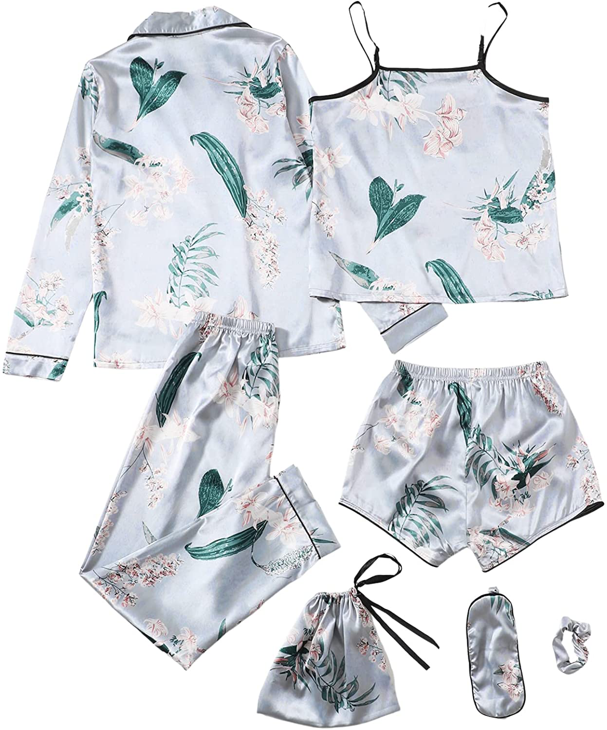 Shein Women'S 7Pcs Satin Pajama Set Cami Pjs with Shirt and Eye Mask Apparel & Accessories > Clothing > Sleepwear & Loungewear Kylie Max   