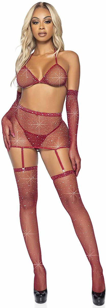 Leg Avenue Womens 5 Pc Rhinestone Fishnet Garter Skirt Set with Bikini Top, G-String, Gloves, and Matching Stockings Apparel & Accessories > Clothing > Underwear & Socks > Lingerie Leg Avenue   