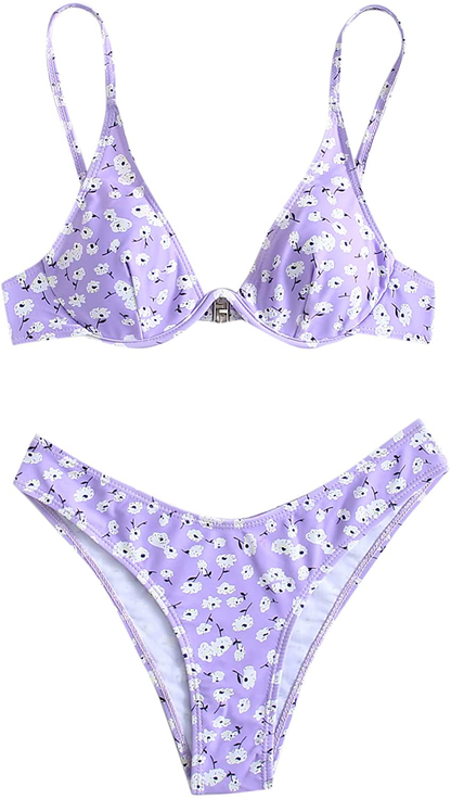 SweatyRocks Women's Sexy Bathing Suits Spaghetti Strap Floral Bikini Set Underwire Swimsuit Apparel & Accessories > Clothing > Swimwear SweatyRocks Floral Purple Small 