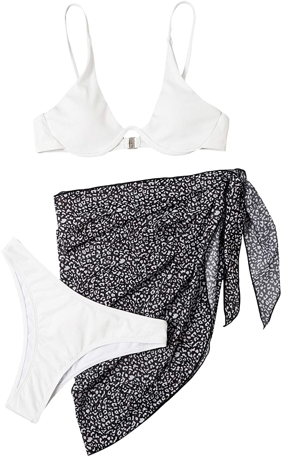 SOLY HUX Women's Wrap Triangle Bikini Bathing Suits with Mesh Beach Skirt 3 Piece Swimsuits Apparel & Accessories > Clothing > Swimwear KYLIE MAX White and Black Leopard Small 