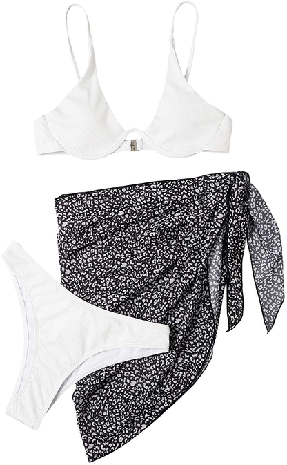 SOLY HUX Women's Wrap Triangle Bikini Bathing Suits with Mesh Beach Skirt 3 Piece Swimsuits Apparel & Accessories > Clothing > Swimwear KYLIE MAX White and Black Leopard Small 