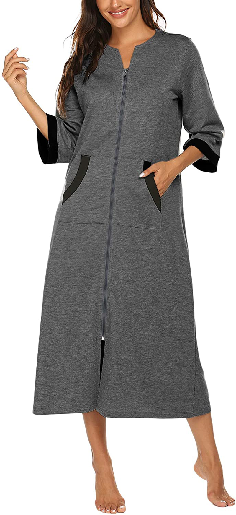 Ekouaer Women Zipper Robe 3/4 Sleeves Loungewear Full Length Sleepwear Pockets Housecoat Long Soft Bathrobe Apparel & Accessories > Clothing > Sleepwear & Loungewear > Robes Ekouaer Style 1-dark Grey XX-Large 