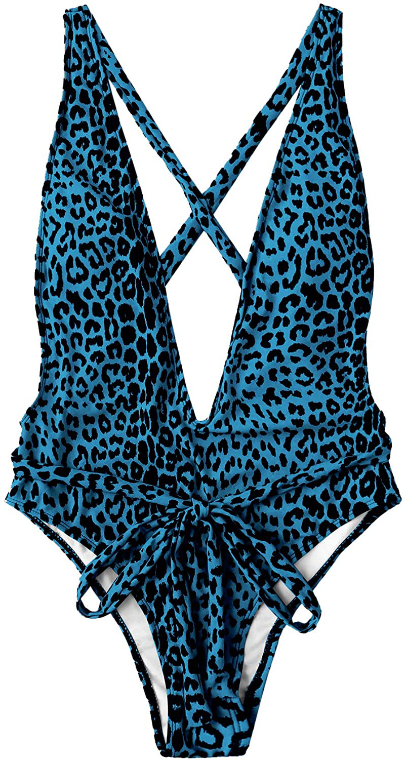 Sweatyrocks Women'S Sexy Bathing Suits Criss Cross Tie Knot Front Deep V Open Back Leopard One Piece Swimwear Apparel & Accessories > Clothing > Swimwear Kylie Max   