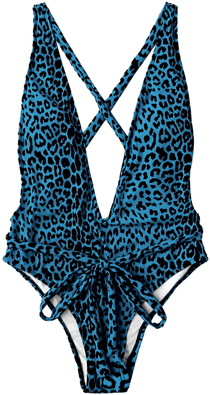 Sweatyrocks Women'S Sexy Bathing Suits Criss Cross Tie Knot Front Deep V Open Back Leopard One Piece Swimwear Apparel & Accessories > Clothing > Swimwear Kylie Max   