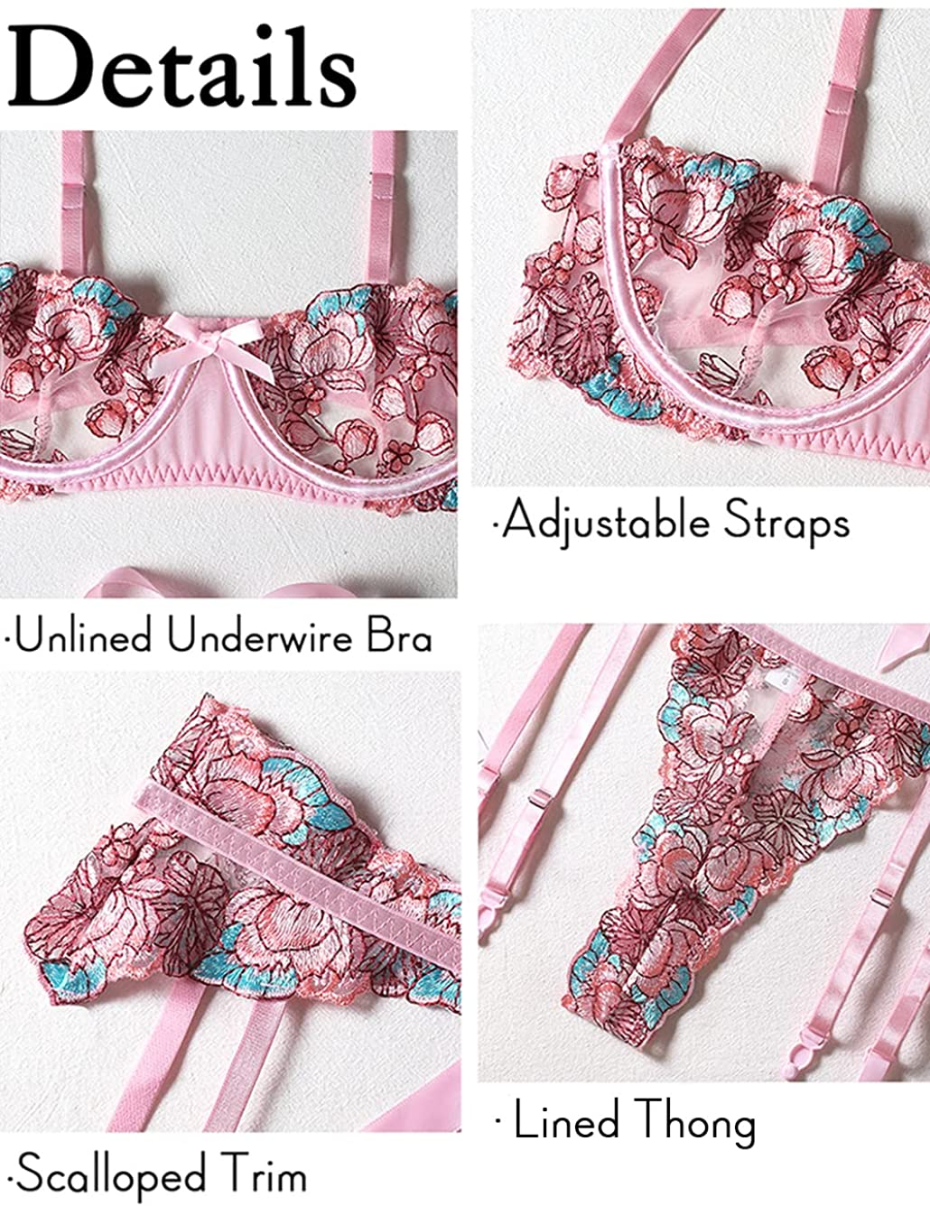 Kaei&Shi Floral Embroidered, Ruffle Belt, Underwire Demi Cup, Lined Thong Apparel & Accessories > Clothing > Underwear & Socks > Lingerie Kaei&Shi   