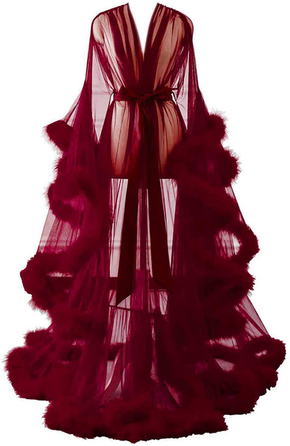 Changuan Sexy Illusion Long Lingerie Robe Nightgown Bathrobe Sleepwear Feather Bridal Robe Wedding Scarf Apparel & Accessories > Clothing > Sleepwear & Loungewear > Robes Changuan   