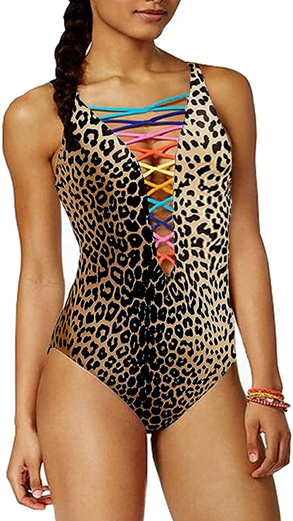SOFIA'S CHOICE Women One-Piece Swimsuit Deep V Neck Lace up Lattice Front Rainbow Tie Bikini Apparel & Accessories > Clothing > Swimwear Kylie Max   
