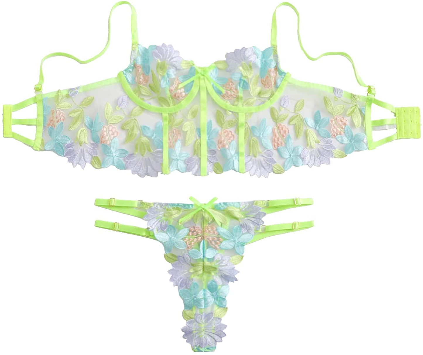 Shein Women'S Sexy Embroidered Mesh Underwired Push up Bra and Panty Lingerie Set Apparel & Accessories > Clothing > Underwear & Socks > Lingerie SheIn Multicolor X-Large 