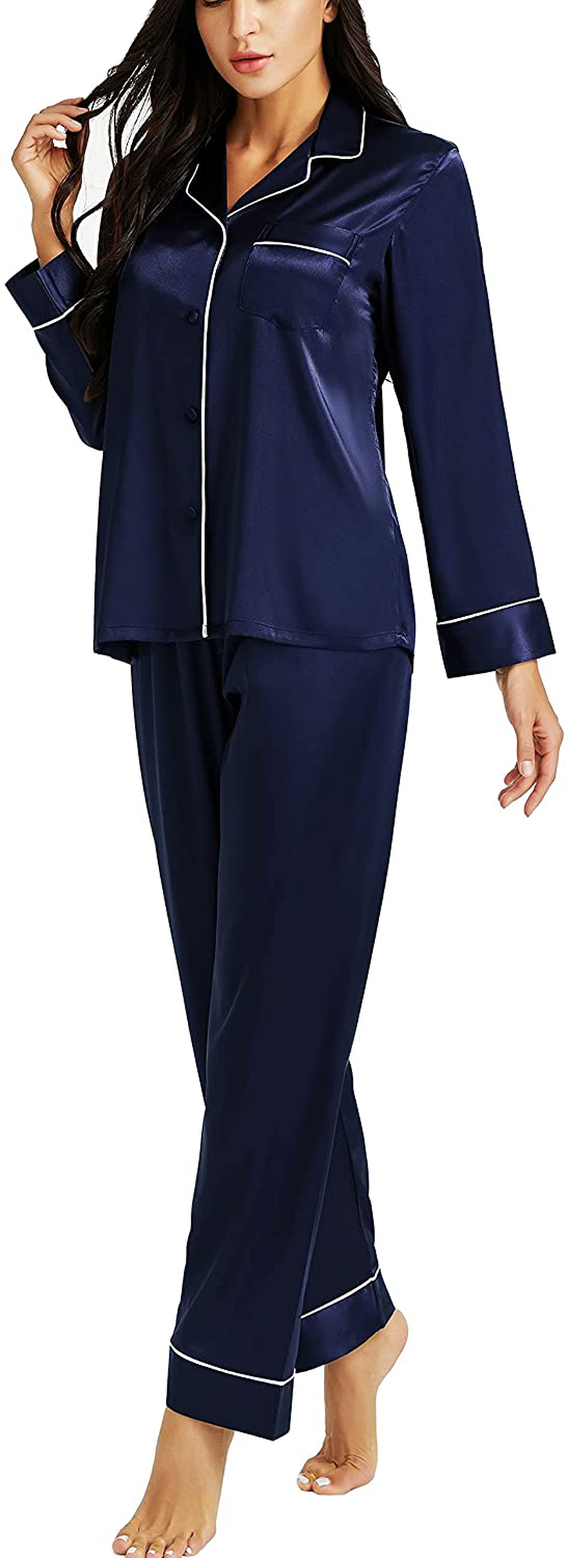 LONXU Womens Silk Satin Pajamas Set Button Down Sleepwear Loungewear XS~3XL Apparel & Accessories > Clothing > Sleepwear & Loungewear > Pajamas Lonxu Navy Blue 3X-Large 