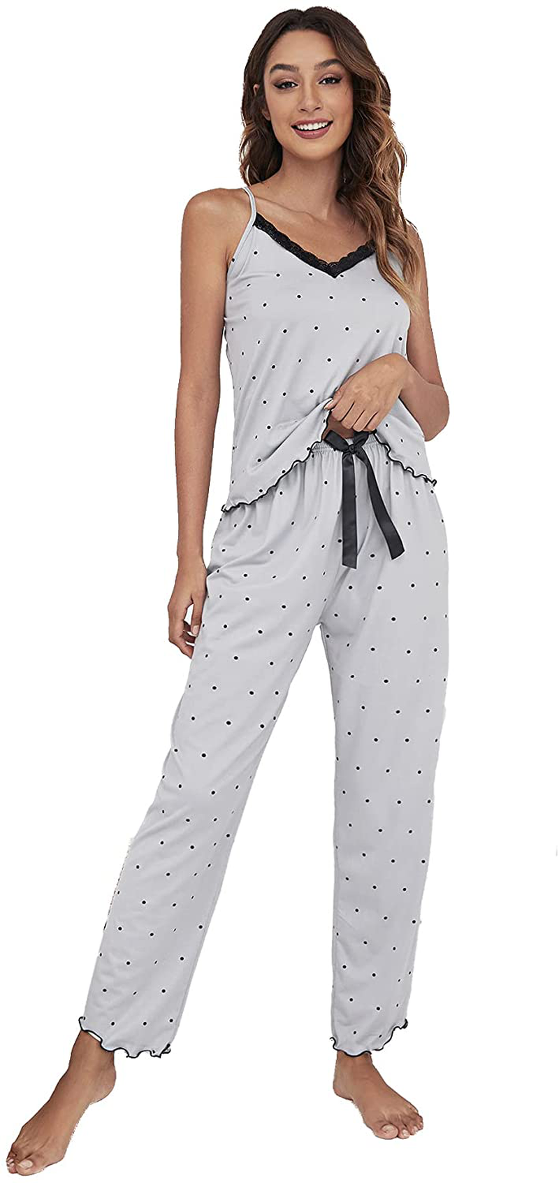 Verdusa Women'S 2 Piece Polka Dots Lace Cami Top and Pants Sleepwear Pajama Set Apparel & Accessories > Clothing > Sleepwear & Loungewear Kylie Max   