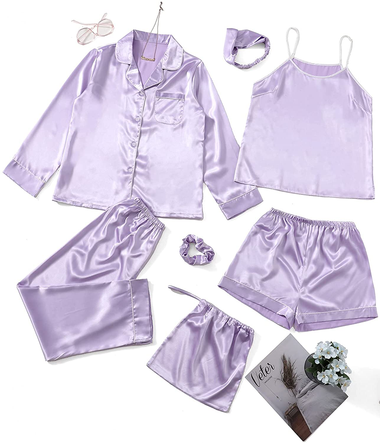 SheIn Women's 7pcs Pajama Set Cami Pjs with Shirt and Eye Mask Apparel & Accessories > Clothing > Sleepwear & Loungewear > Pajamas SheIn Lilac Purple Medium 