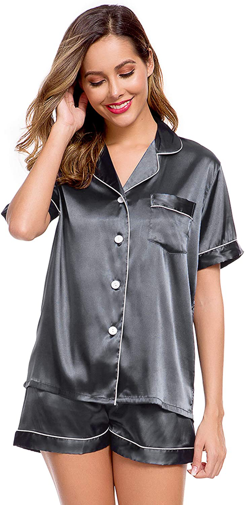 Lecgee Womens Silk Satin Pajamas Short Sleeve Loungewear Two-Piece Sleepwear Button-Down Pj Set Apparel & Accessories > Clothing > Sleepwear & Loungewear > Pajamas Kylie Max   