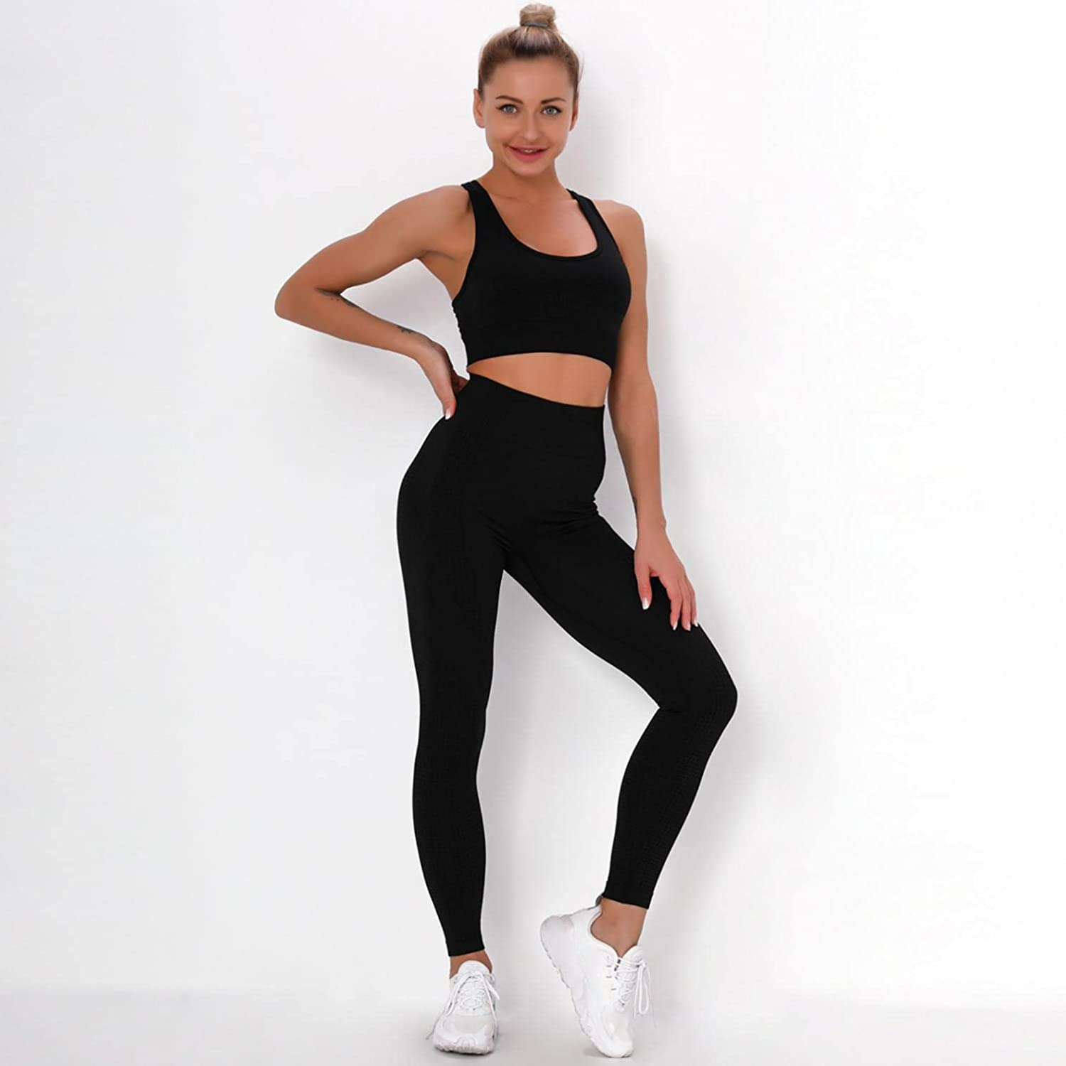 Burband Womens Ribbed Seamless Yoga Outfits 2 Piece Tracksuits Sports Bra Seamless Leggings Yoga Gym Workout Set Activewear Apparel & Accessories > Clothing > Underwear & Socks > Shapewear Burband   