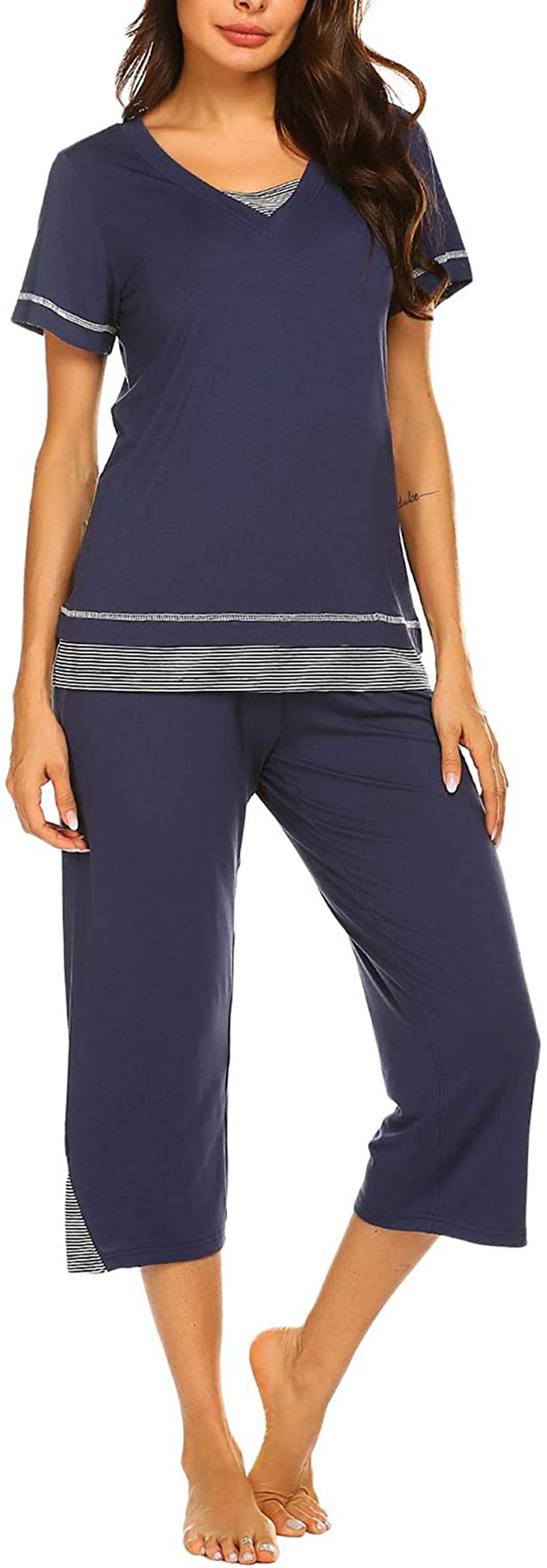 Ekouaer Women's Pajamas Set Soft V Neck Striped Sleepwear Top and Capri Pj Lounge Sets Apparel & Accessories > Clothing > Sleepwear & Loungewear > Pajamas Ekouaer Navy Blue X-Large 