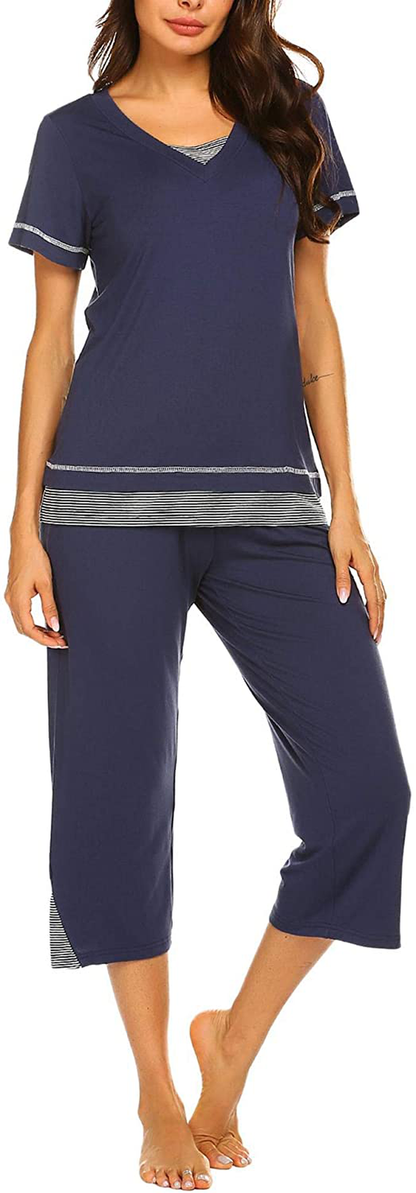 Ekouaer Women's Pajamas Set Soft V Neck Striped Sleepwear Top and Capri Pj Lounge Sets Apparel & Accessories > Clothing > Sleepwear & Loungewear > Pajamas Ekouaer Navy Blue X-Large 