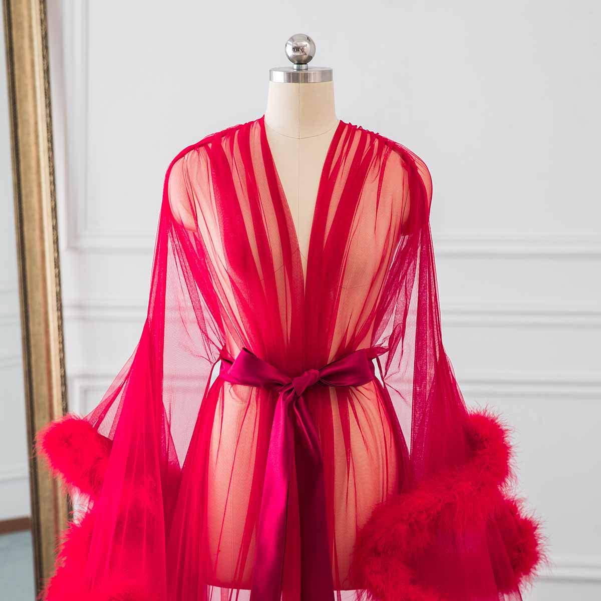 Changuan Sexy Illusion Long Lingerie Robe Nightgown Bathrobe Sleepwear Feather Bridal Robe Wedding Scarf Apparel & Accessories > Clothing > Sleepwear & Loungewear > Robes Changuan   