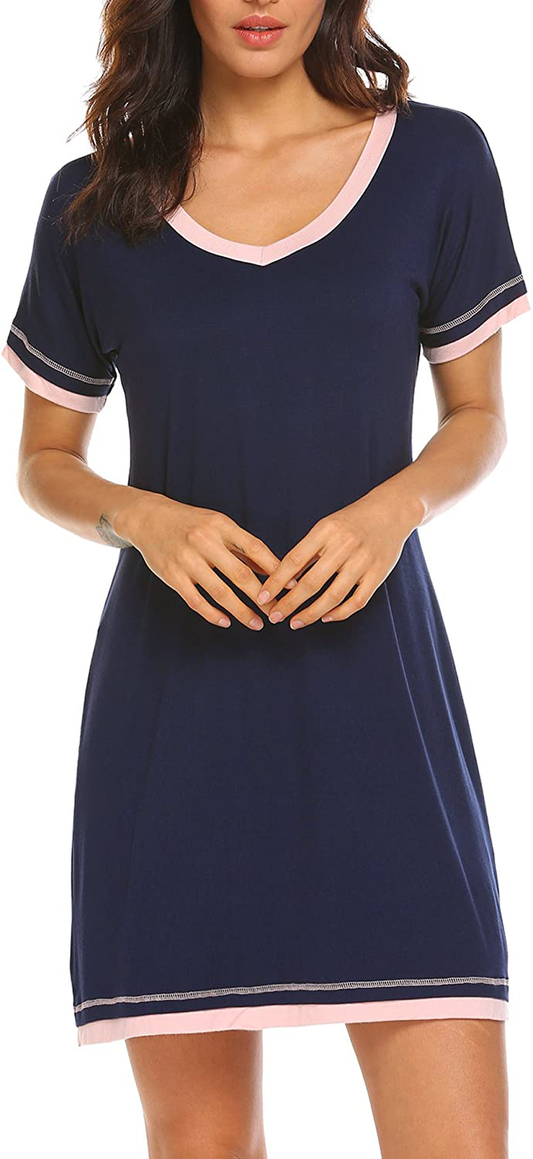 Ekouaer Nightgowns for Womens Short Sleeve Nightdress V Neck Nightshirt Comfy Sleep Shirt S-XXL Apparel & Accessories > Clothing > Sleepwear & Loungewear > Nightgowns Kylie Max   