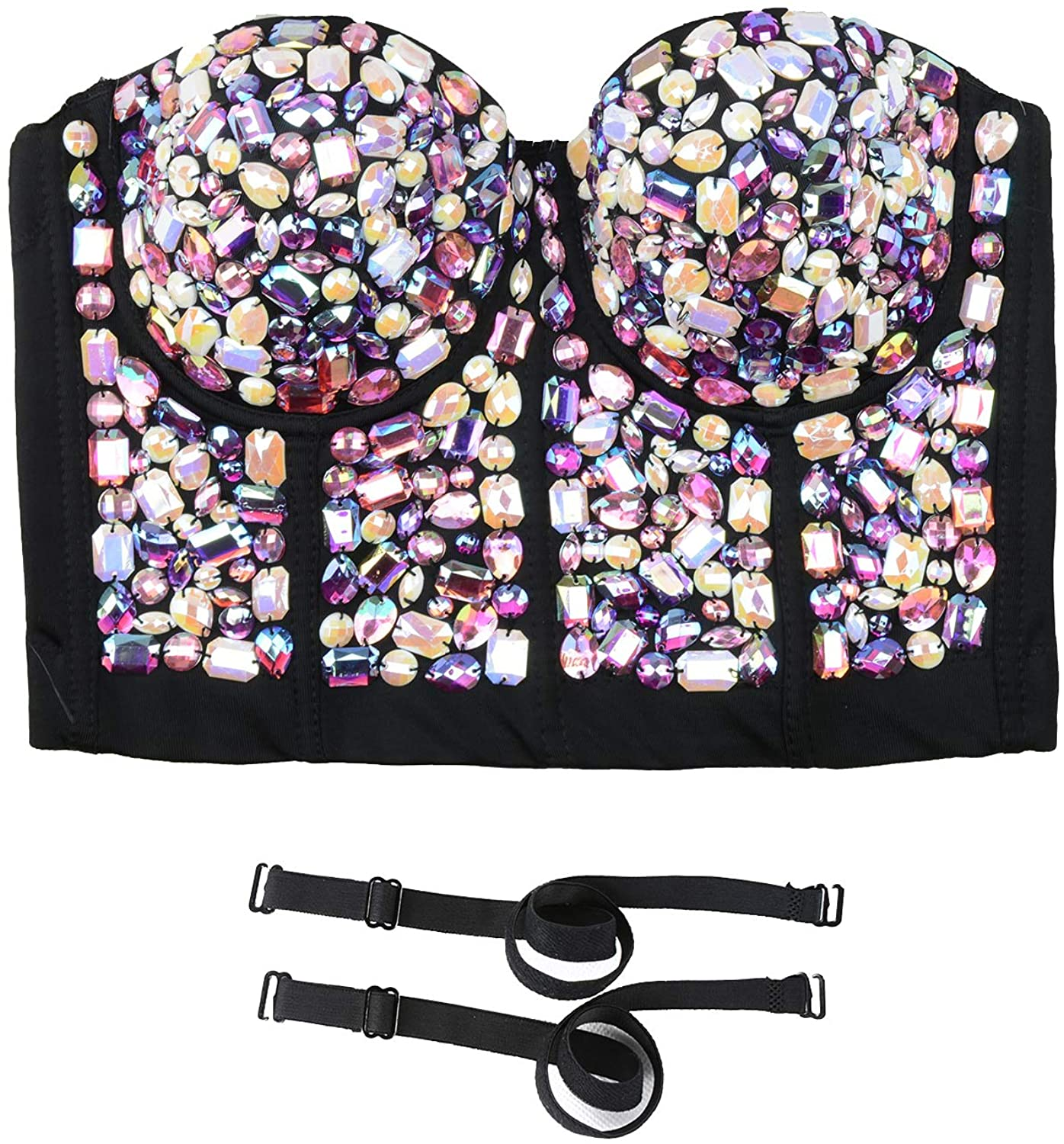 ELLACCI Women'S Sexy Rhinestone Bustier Crop Top Club Party Glitter Corset Top Bra Purple Apparel & Accessories > Clothing > Underwear & Socks > Lingerie ELLACCI   