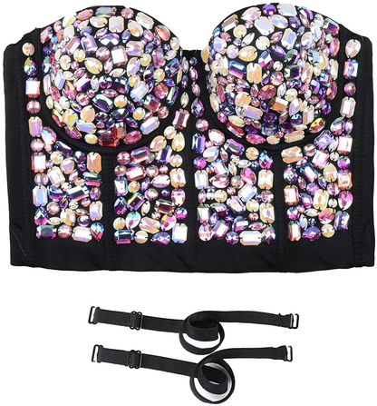 ELLACCI Women'S Sexy Rhinestone Bustier Crop Top Club Party Glitter Corset Top Bra Purple Apparel & Accessories > Clothing > Underwear & Socks > Lingerie ELLACCI   