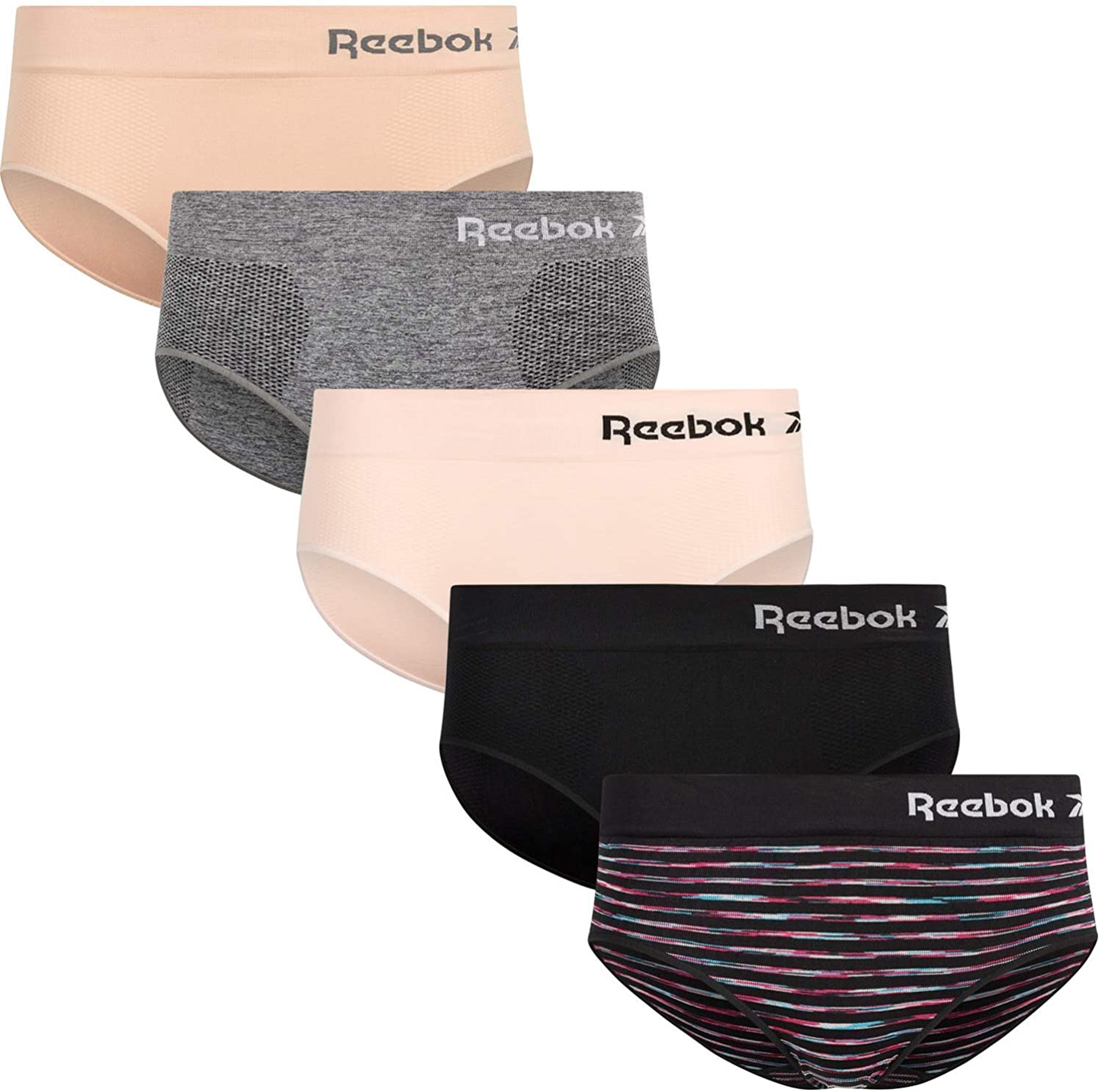 Reebok Women'S Underwear - Seamless Hipster Briefs (5 Pack) Apparel & Accessories > Clothing > Underwear & Socks > Underwear Reebok Spacedye Black/Rose/Black/Light Pink/Charcoal Large 