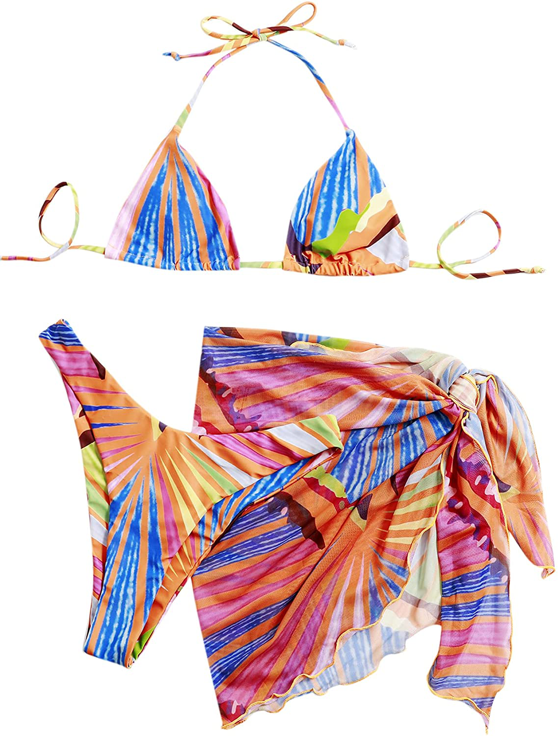 SOLY HUX Women's Wrap Triangle Bikini Bathing Suits with Mesh Beach Skirt 3 Piece Swimsuits Apparel & Accessories > Clothing > Swimwear KYLIE MAX Orange Blue Small 