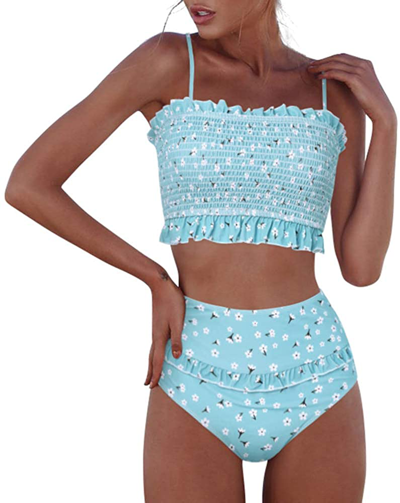 RXRXCOCO Womens Shirred Bandeau Bikini Cute Two Piece Swimsuit Off Shoulder High Waist Bathing Suit Apparel & Accessories > Clothing > Swimwear RXRXCOCO Blue X-Large 