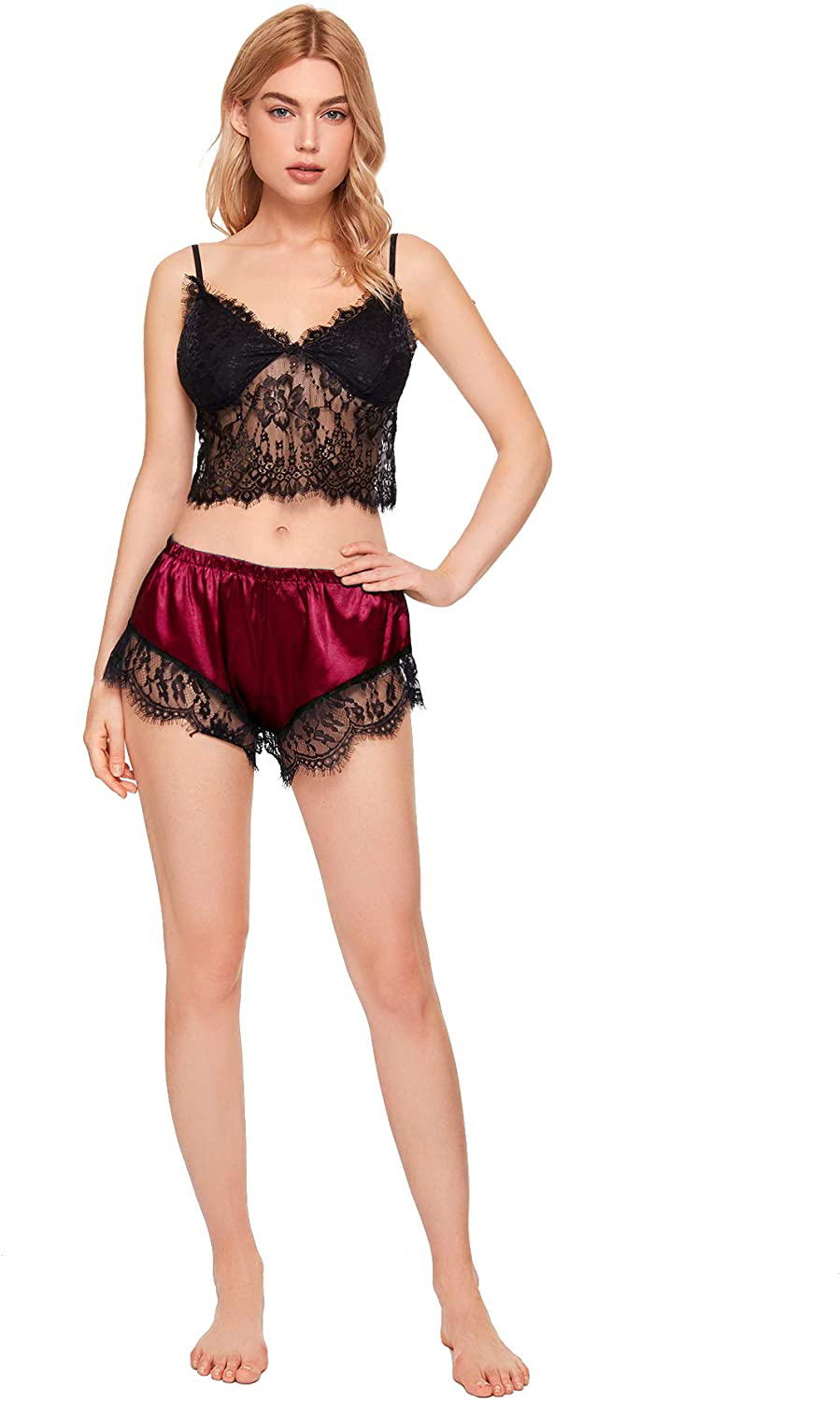 Verdusa Women'S Sleepwear V Neck Lace Wireless Cami Top & Satin Shorts Lingerie Chemise Pajama Set Apparel & Accessories > Clothing > Sleepwear & Loungewear Kylie Max   