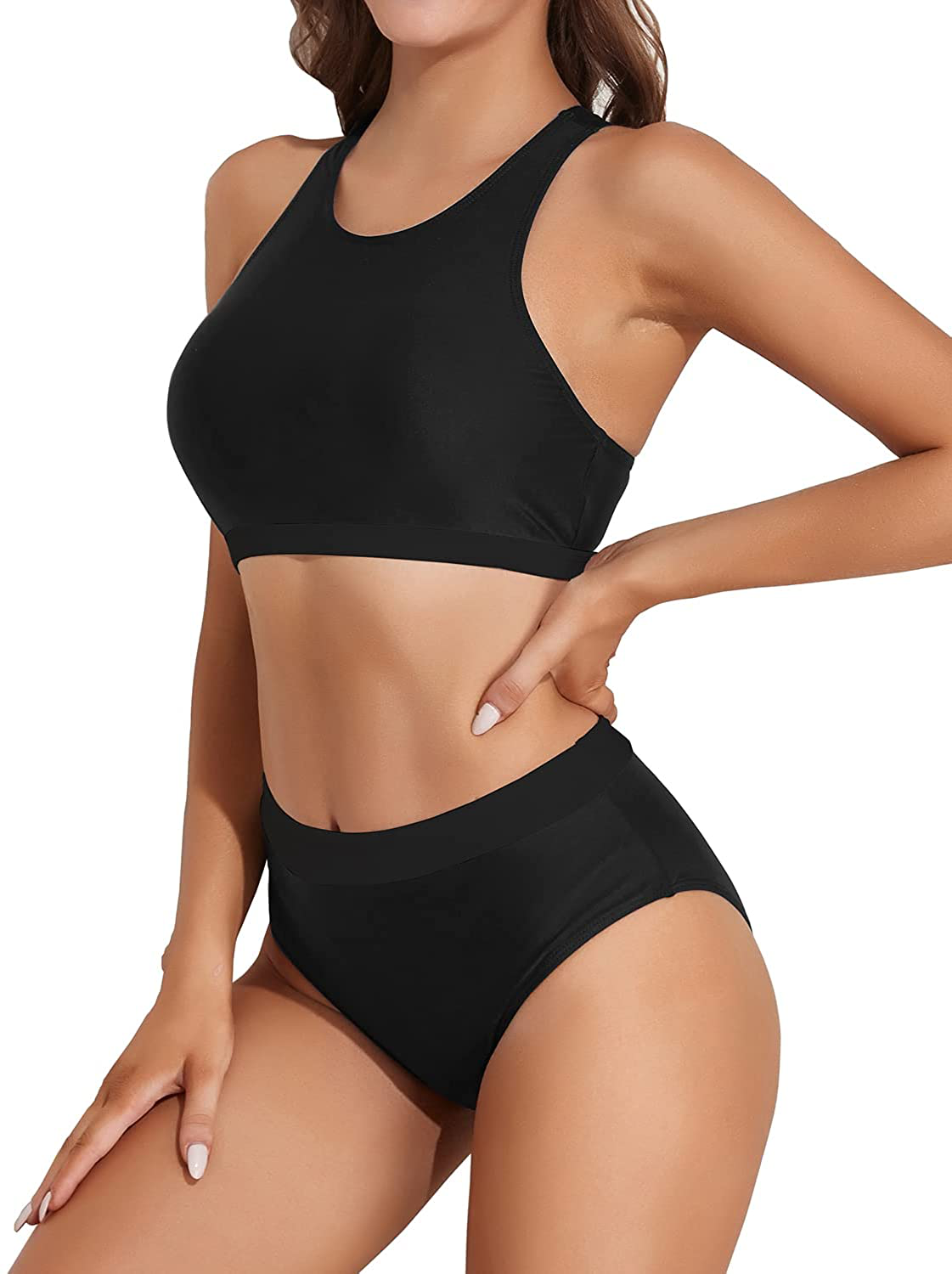 Tempt Me Women High Waisted Bikini High Neck Crop Top Two Piece Swimsuits Tummy Control Sporty Bathing Suits with Bottom Apparel & Accessories > Clothing > Swimwear Kylie Max   