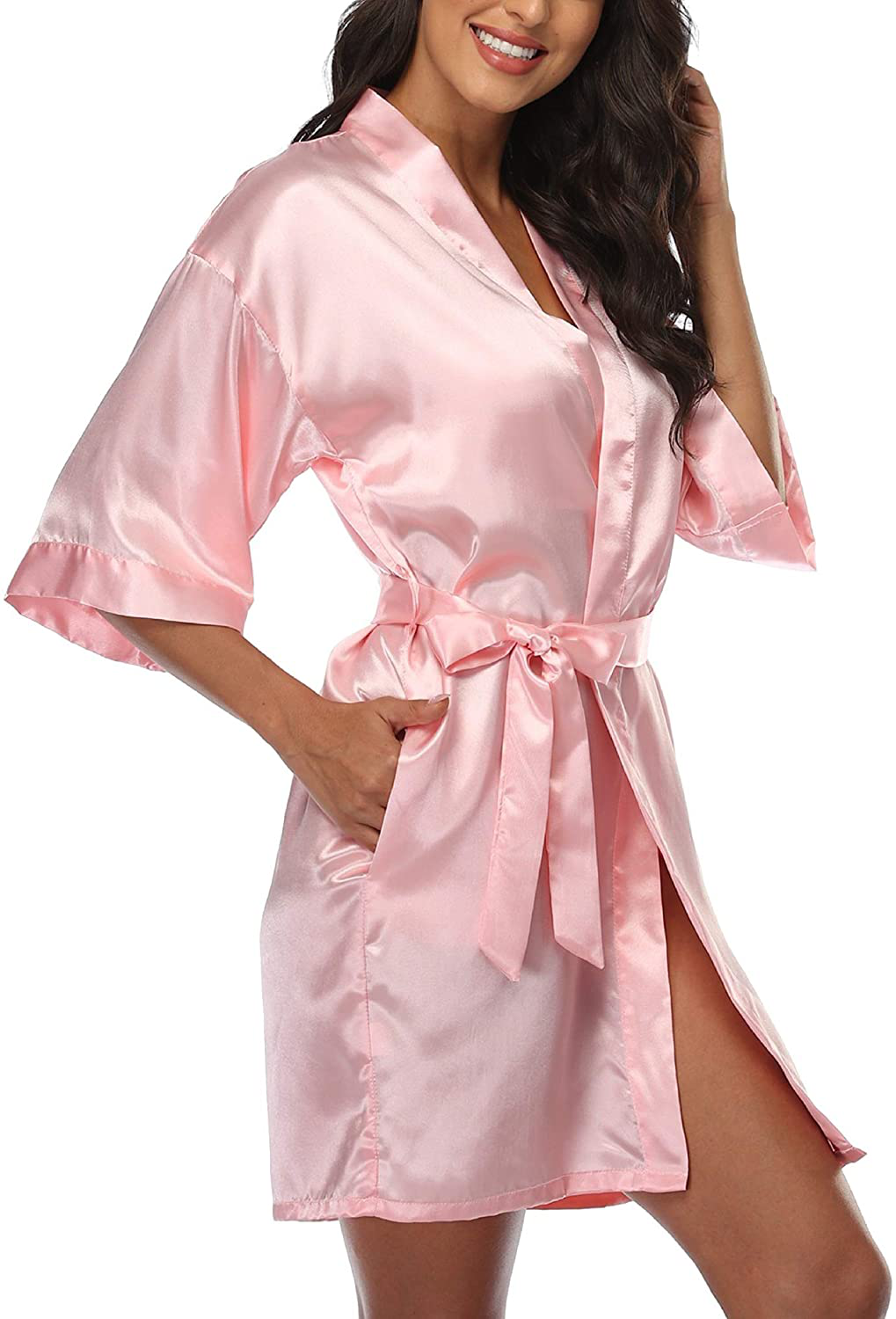 Giova Women'S Short Kimono Robe Solid Color Wedding Party Bathrobe Lightweight Apparel & Accessories > Clothing > Sleepwear & Loungewear > Robes Giova Rose Gold X-Large 