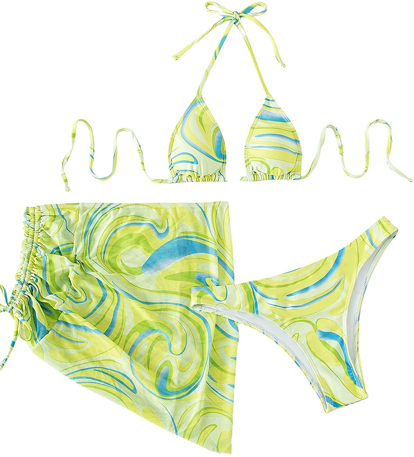SOLY HUX Women's Wrap Triangle Bikini Bathing Suits with Mesh Beach Skirt 3 Piece Swimsuits Apparel & Accessories > Clothing > Swimwear KYLIE MAX Green Allover Print Medium 