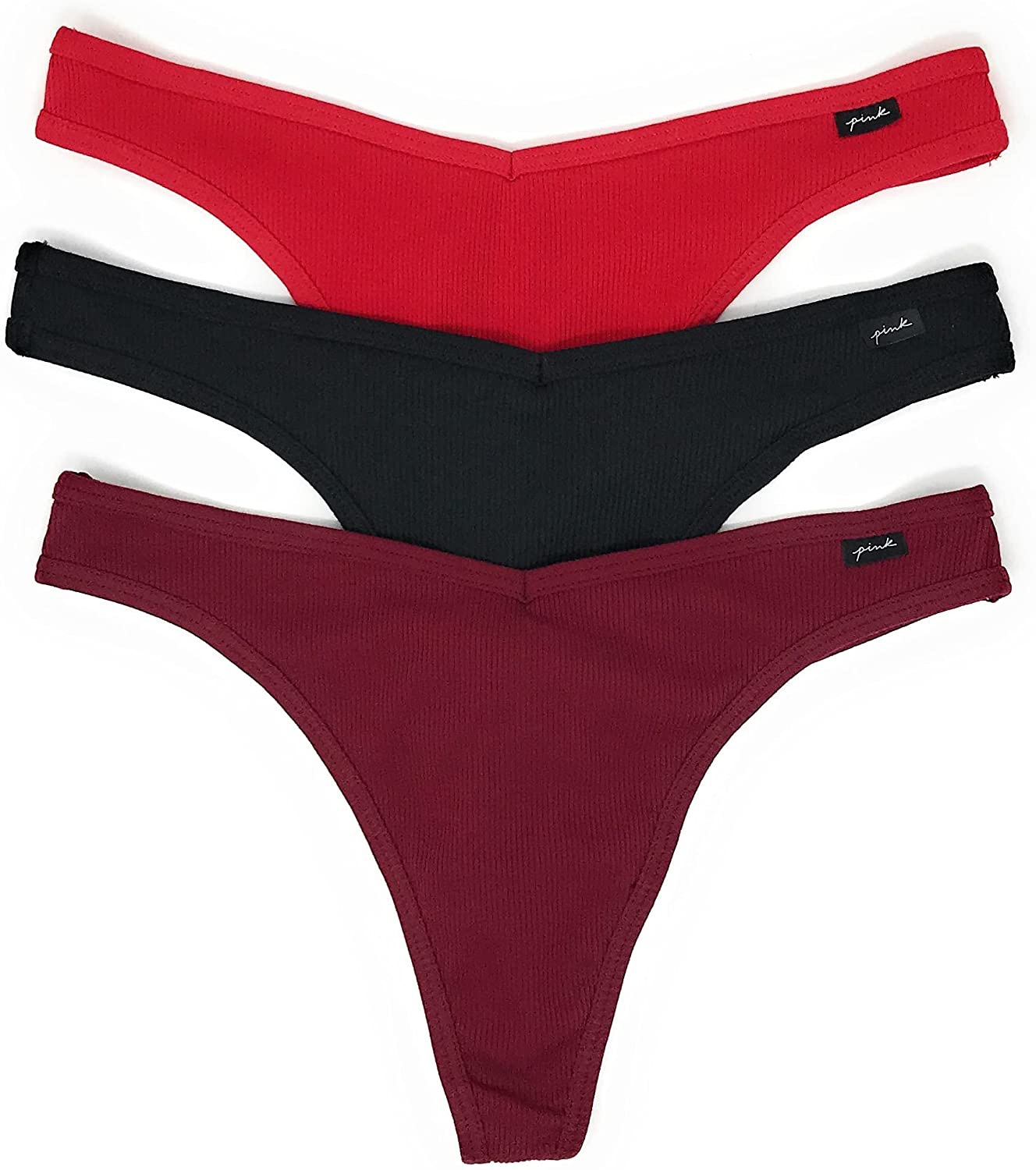 Victoria's Secret PINK Thong Panty Set of 3 Apparel & Accessories > Clothing > Underwear & Socks > Underwear Victoria's Secret Rib Red / Black / Cranberry Large 