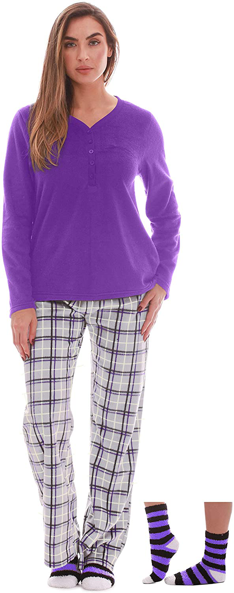 Just Love Women’s Ultra-Soft Pajama Pant Set with Matching Fuzzy Socks Apparel & Accessories > Clothing > Sleepwear & Loungewear > Pajamas Just Love Purple Plaid Small 