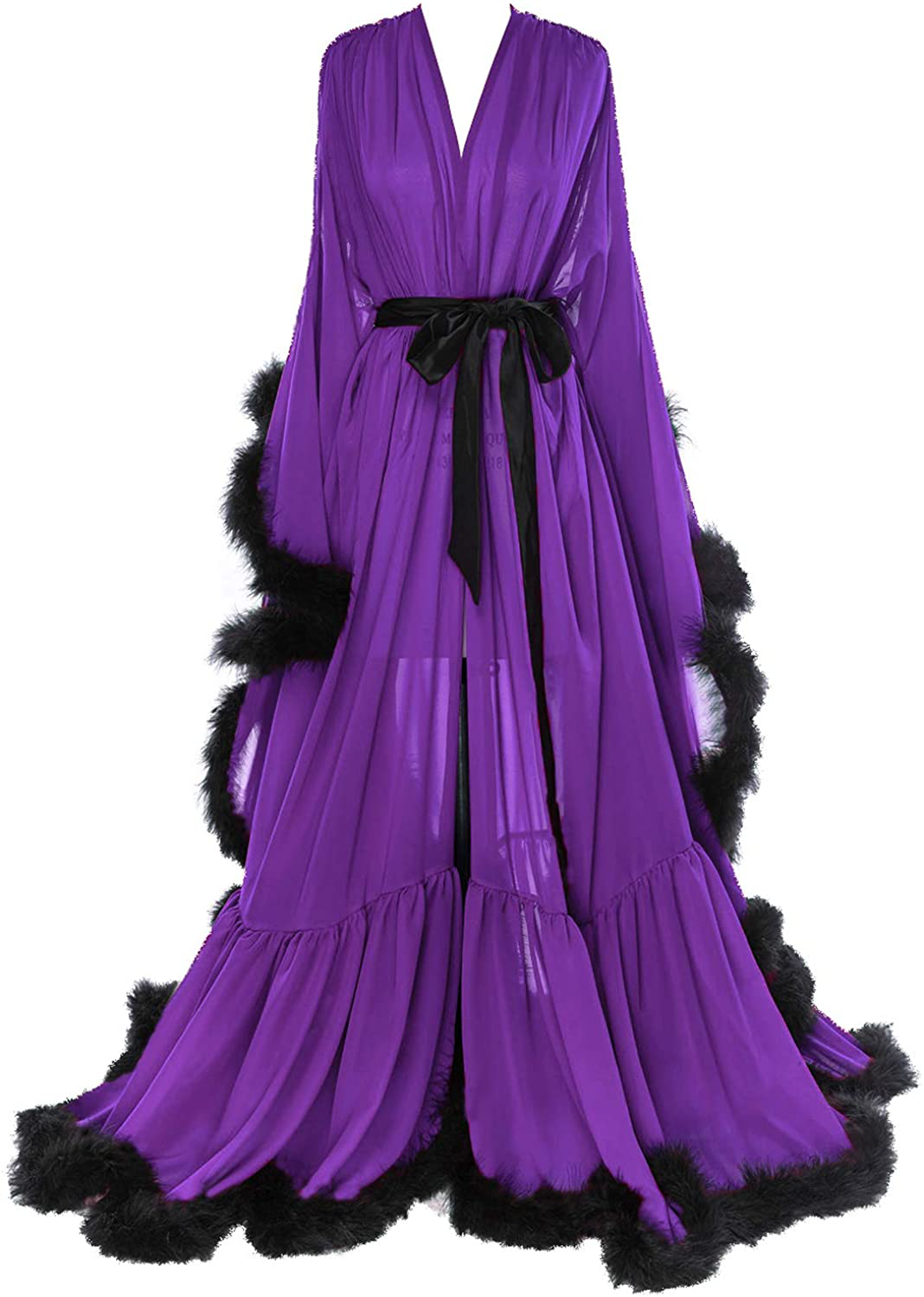 Molisa Women'S Sexy Feather Bridal Robe Long Wedding Scarf Illusion Bathrobe Sleepwear Lingerie Robe Nightgown Apparel & Accessories > Clothing > Sleepwear & Loungewear > Robes Molisa Purple+black Large-X-Large 
