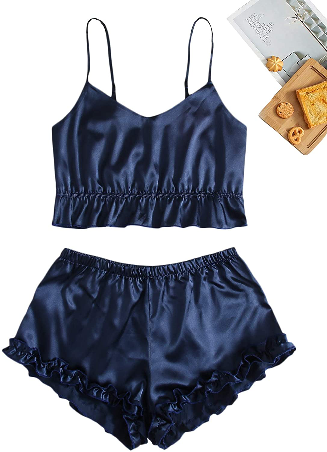 Shein Women'S Ruffle Trim Satin Sleepwear V Neck Cami Top and Shorts Pajama Set Apparel & Accessories > Clothing > Sleepwear & Loungewear Kylie Max   