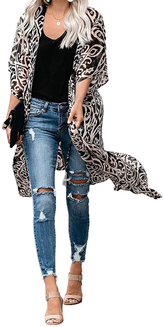 Dokotoo Womens 2022 Fashion Print Kimono Tassel Casual Cardigan Loose Cover Up Apparel & Accessories > Clothing > Swimwear Kylie Max   