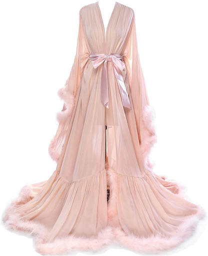 Molisa Women'S Sexy Feather Bridal Robe Long Wedding Scarf Illusion Bathrobe Sleepwear Lingerie Robe Nightgown Apparel & Accessories > Clothing > Sleepwear & Loungewear > Robes Molisa Blush 4X-Large 
