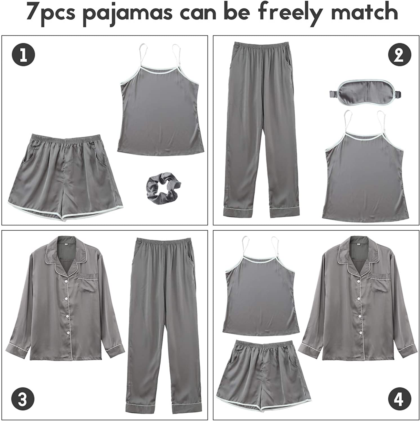 COCOHOME Women'S 7Pcs Pajama Set Satin Silk Sexy Cami Shorts Set Pjs and Button down Long Sleeve Shirt Sleepwear Loungewear Apparel & Accessories > Clothing > Sleepwear & Loungewear Kylie Max   