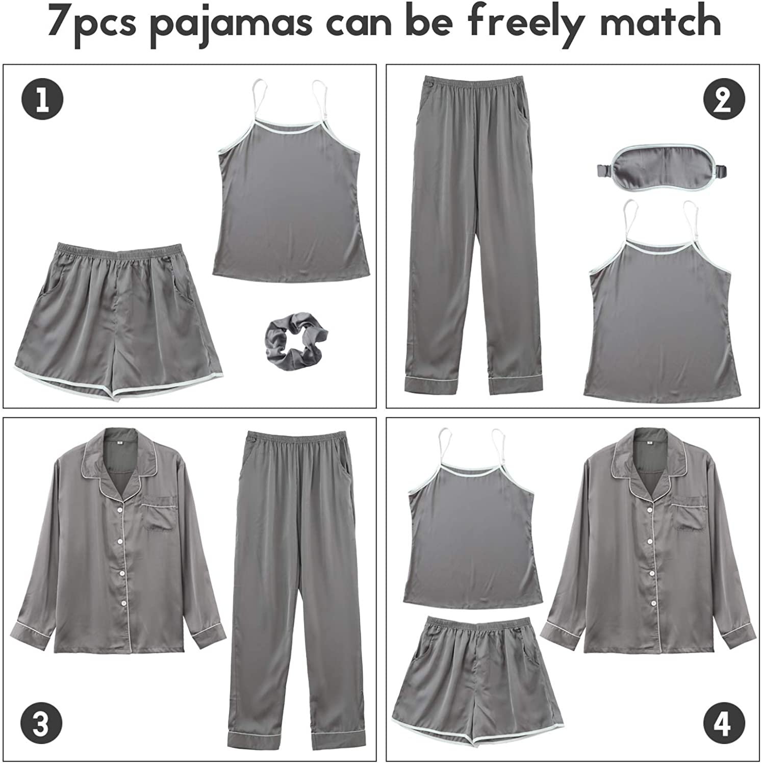 COCOHOME Women'S 7Pcs Pajama Set Satin Silk Sexy Cami Shorts Set Pjs and Button down Long Sleeve Shirt Sleepwear Loungewear Apparel & Accessories > Clothing > Sleepwear & Loungewear Kylie Max   