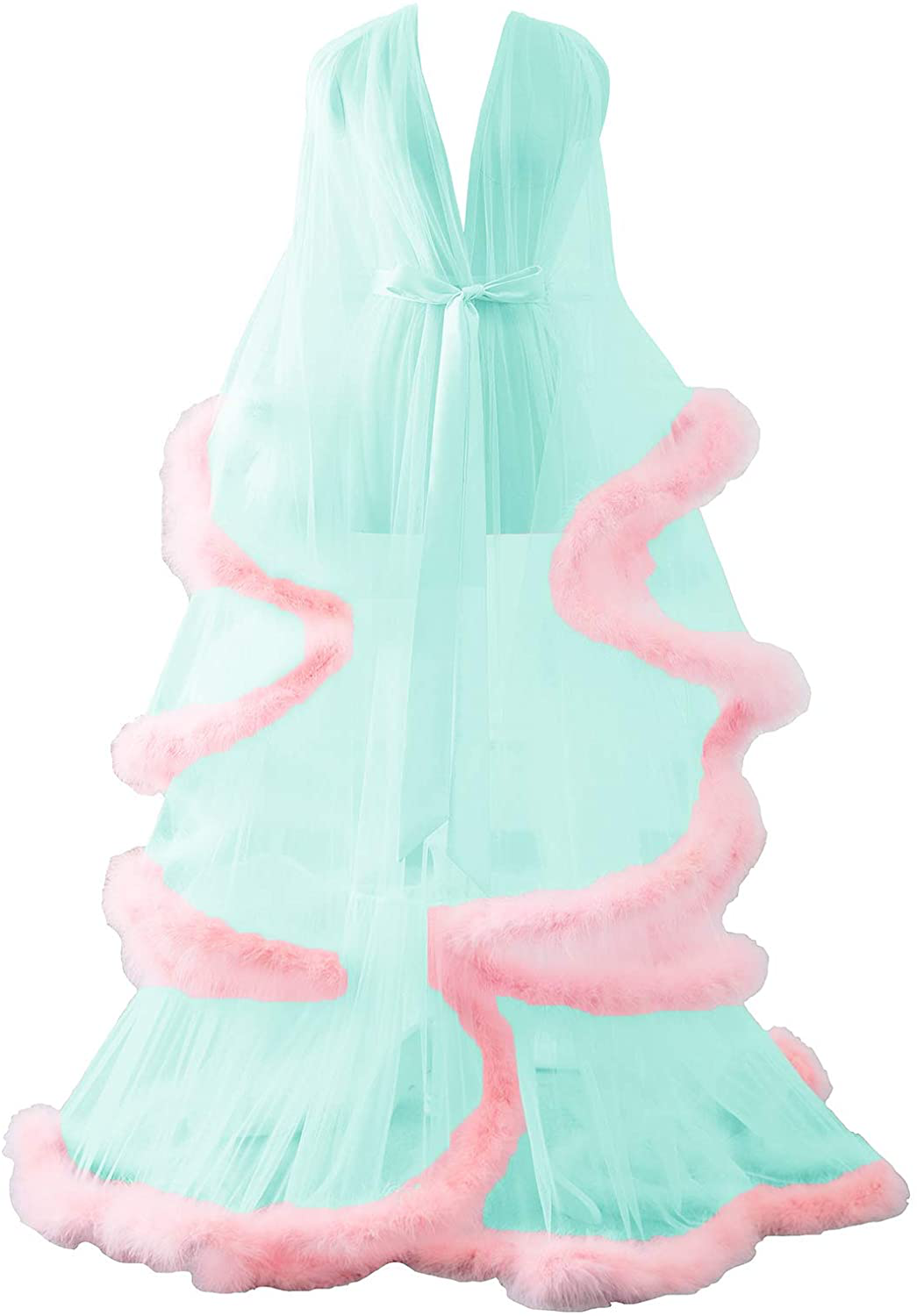 Changuan Sexy Illusion Long Lingerie Robe Nightgown Bathrobe Sleepwear Feather Bridal Robe Wedding Scarf Apparel & Accessories > Clothing > Sleepwear & Loungewear > Robes Changuan Turquoise+blush Large-X-Large 