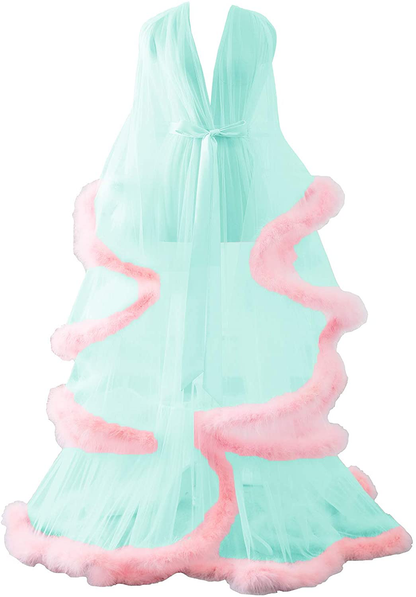 Changuan Sexy Illusion Long Lingerie Robe Nightgown Bathrobe Sleepwear Feather Bridal Robe Wedding Scarf Apparel & Accessories > Clothing > Sleepwear & Loungewear > Robes Changuan Turquoise+blush Large-X-Large 