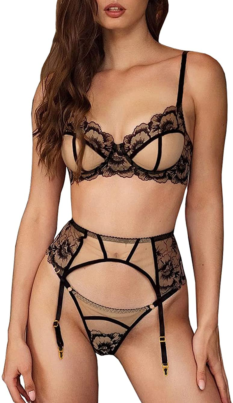 Kaei&Shi Floral Embroidered Lace Sheer,Underwire,Thong,Garter Lingerie Set Apparel & Accessories > Clothing > Underwear & Socks > Lingerie Kaei&Shi Black 2-4 