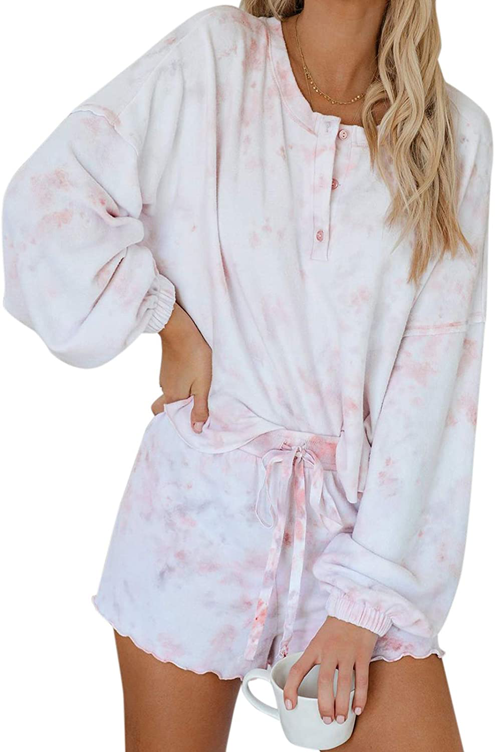 Century Star Women Pajamas Tie Dye Print Long Sleeve Shirt Elastic Drawstring Shorts 2 Piece Set Sleepwear Loungewear Apparel & Accessories > Clothing > Sleepwear & Loungewear > Pajamas Kylie Max   
