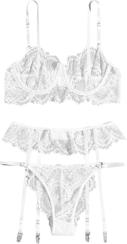 Shein Women'S 3 Piece Floral Lace Lingerie Set with Garter Belts Sexy Bra and Panty Apparel & Accessories > Clothing > Underwear & Socks > Lingerie SheIn White X-Large 