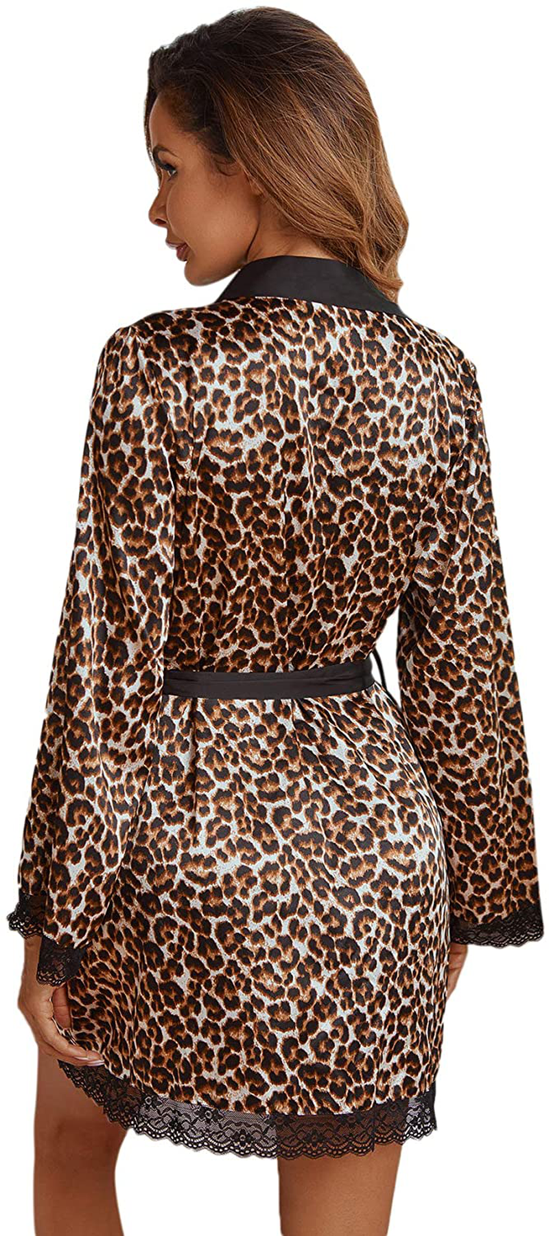 Verdusa Women'S Cheetah Print Contrast Lace Long Sleeve Belted Satin Night Robe Apparel & Accessories > Clothing > Sleepwear & Loungewear > Robes Verdusa   