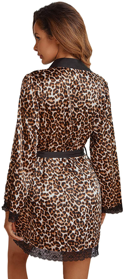 Verdusa Women'S Cheetah Print Contrast Lace Long Sleeve Belted Satin Night Robe Apparel & Accessories > Clothing > Sleepwear & Loungewear > Robes Verdusa   