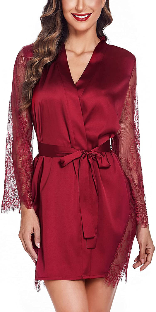 Avidlove Satin Kimono Robes for Women Sexy Silk Nightgowns Lace Sleeve Babydoll Lingerie Set Apparel & Accessories > Clothing > Sleepwear & Loungewear > Robes Avidlove Wine Red X-Large 