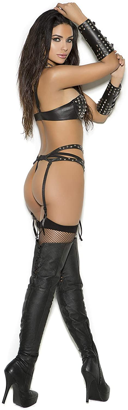 Studded Leather Underwire Bra with Matching Garter Belt and G-String Three Piece Set Apparel & Accessories > Clothing > Underwear & Socks > Lingerie Hotspot   