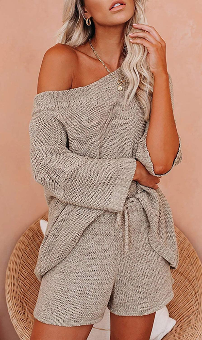 Ermonn Womens 2 Piece Outfits Sweater Sets off Shoulder Knit Tops Waist Short Suits Casual Pajama Set Apparel & Accessories > Clothing > Sleepwear & Loungewear Kylie Max   